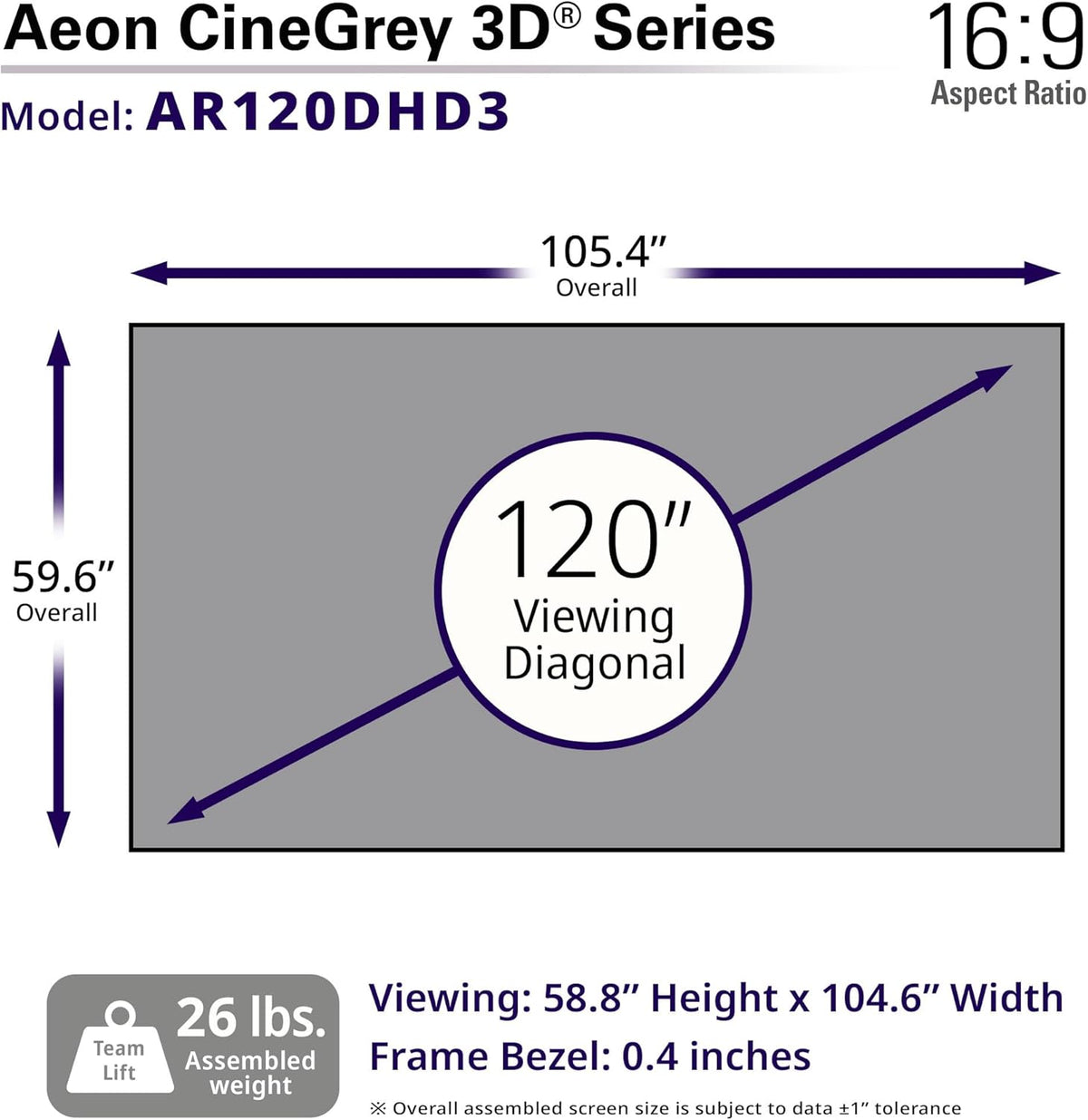Elite Screens Aeon CineGrey 3D, 120" Fixed Frame CLR/ALR Projector Screen 16:9, Standard Throw Projection, Edge Free Ceiling & Ambient Light Rejecting, Wall-Mounted, for Movie Home Theater, AR120DHD3