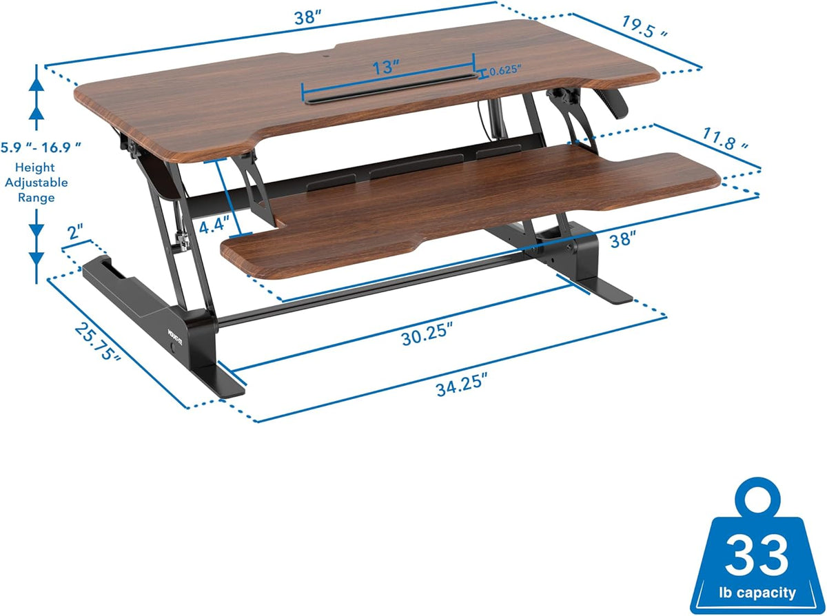Mount-It! 38 Inch Standing Desk Converter, Sit Stand Desk Riser for Dual Monitors with Keyboard Tray, Height Adjustable Desktop Workstation, Easy Lift Gas Spring, Rustic Walnut Brown