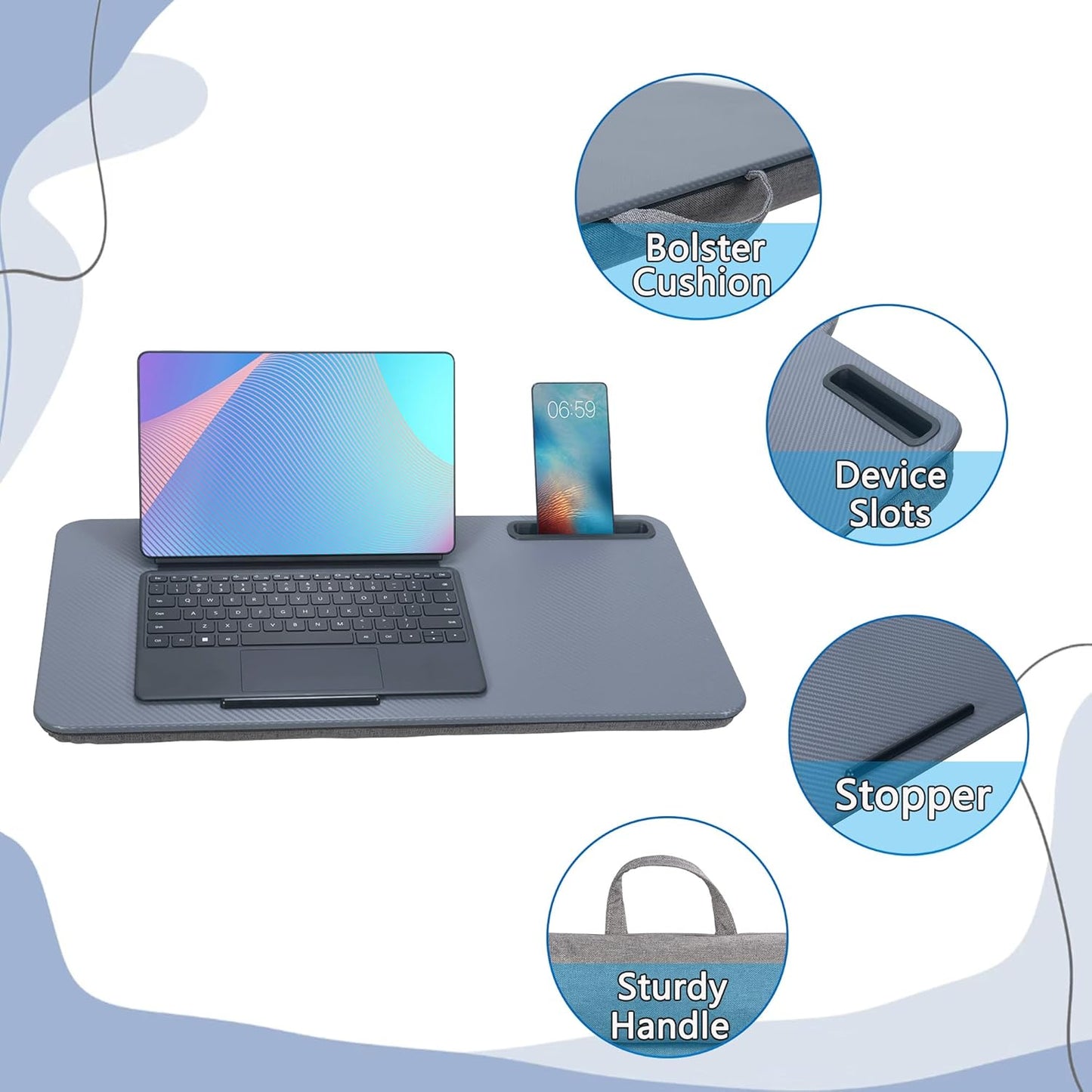 Portable Laptop Desk Fits Up to 16“ Laptops, with Tablet Slot, Built-in Cushion, Great for Home & Office,Lap Desk for Laptop,Lap Desk with Cushion (Dark Grey, Large)