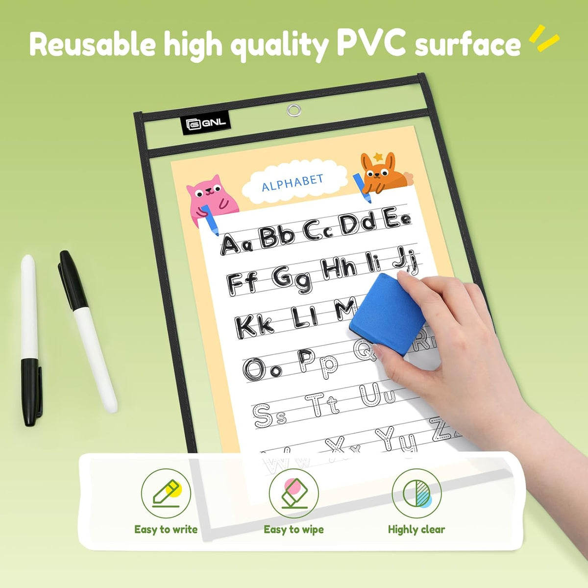 GNL Dry Erase Pocket Sleeves 30 Packs, Reusable Clear Plastic Ticket Holders with Rings, Durable & Easy-to-Erase Sheet Protectors, Black 10x14 Inch for Classroom & School Teacher Supplies