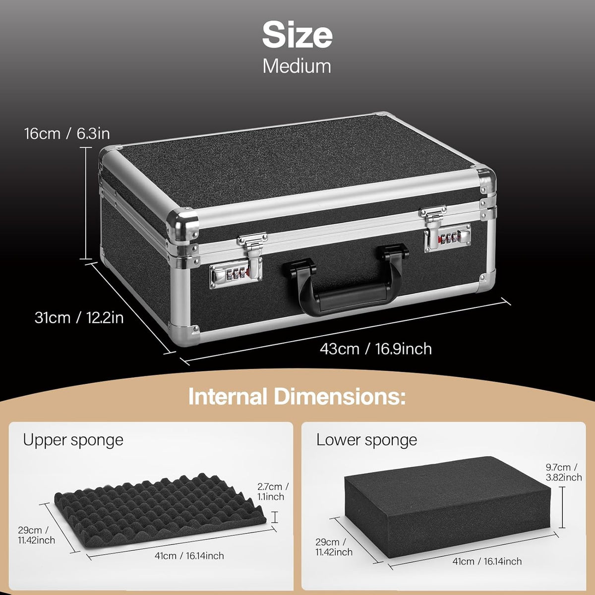 Combination Lock Box - Locking Storage Case with Customizable Foam, 16.9" Portable Lockable Case for Personal Items, Valuables, Documents, Briefcase for Jewelry, Cash, Medications, Black