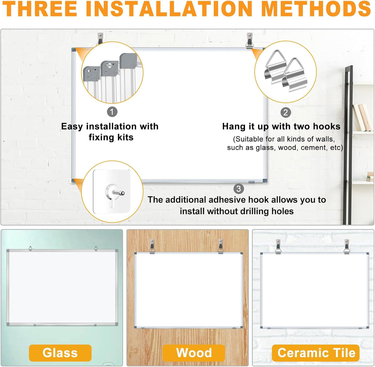 H-Qprobd White Board Dry Erase Whiteboard for Wall 24x18 (2pcs) Magnetic Boards for Office Classroom & Home, Small Wall Whiteboard Including 6 Markers, 10 Magnets, 2 Erasers & 10 Adhesive Hooks