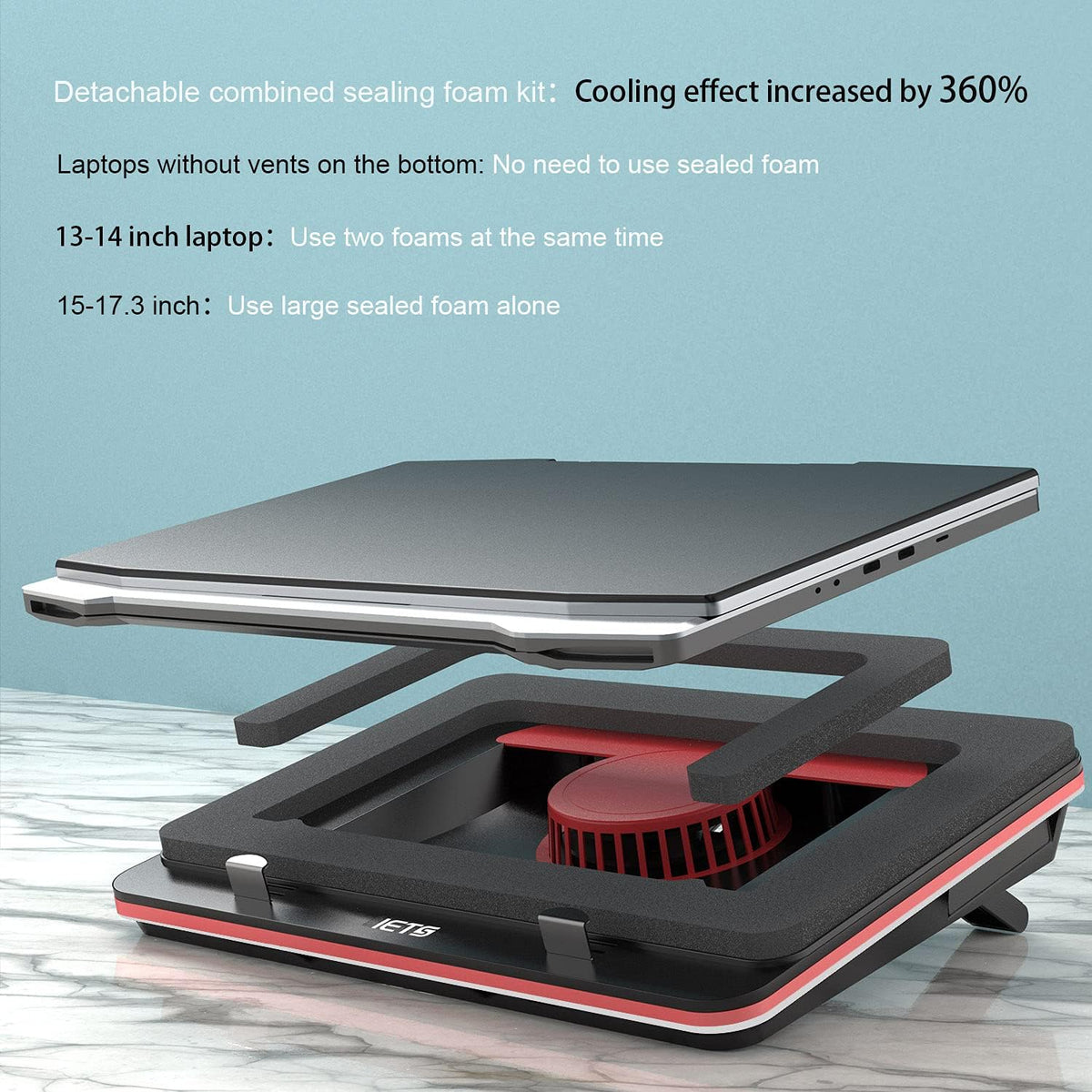 GT500 Powerful Turbo-Fan (5000 RPM) Laptop Cooling Pad with Infinitely Variable Speed,Seal Foam for Rapid Cooling Gaming Laptop,13-17.3inch Laptop Cooler with 3-Port USB Hub
