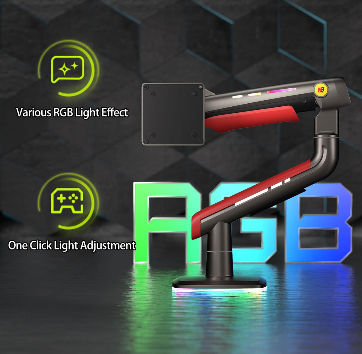 NB Gaming Monitor Arm or for 32 to 60 Inches Screen, Load up to 20 kg, VESA 75/100, RGB-Light, Heavy Duty, Multi Angle Adjustable, Premium Aluminum, Red