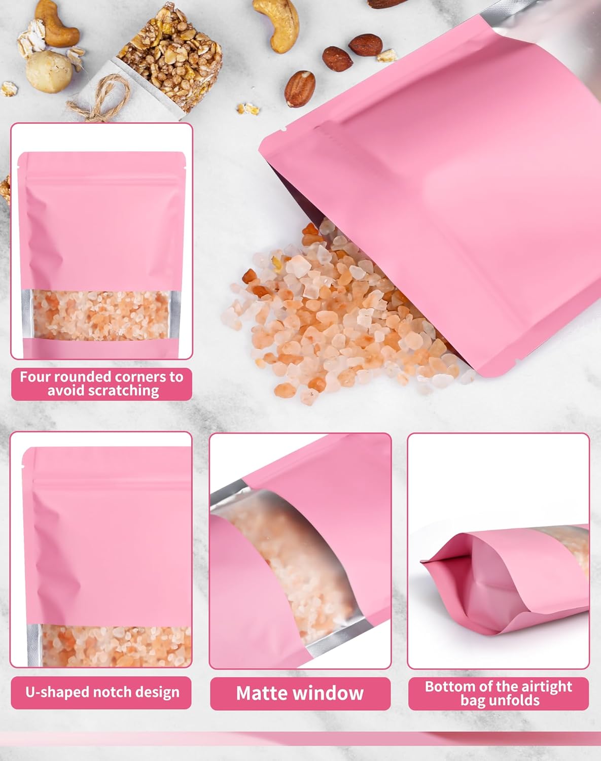 FireKylin 100 Pack Smell Proof Bags 7.1" x 10.2", Resealable Bags with Matte Window, Foil Pouch Stand Up Sealable Bags for Packaging（Pink）
