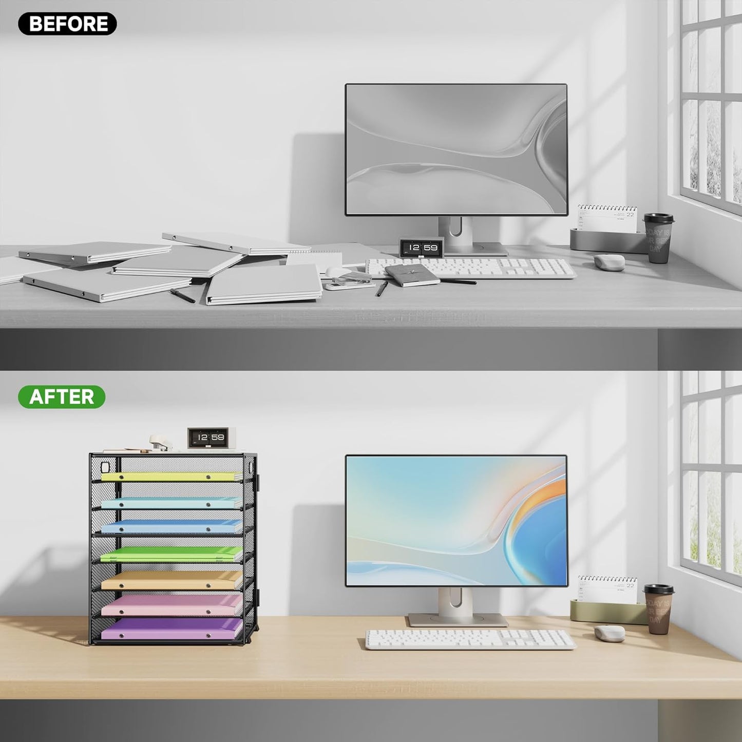 2 Pack 8 Tier Paper Organizer with Handle, Metal Mesh Desk File Organizer, Large Capacity Desk Organizers Paper Letter Tray Desktop Document Sorter for Office, Home or School - Black