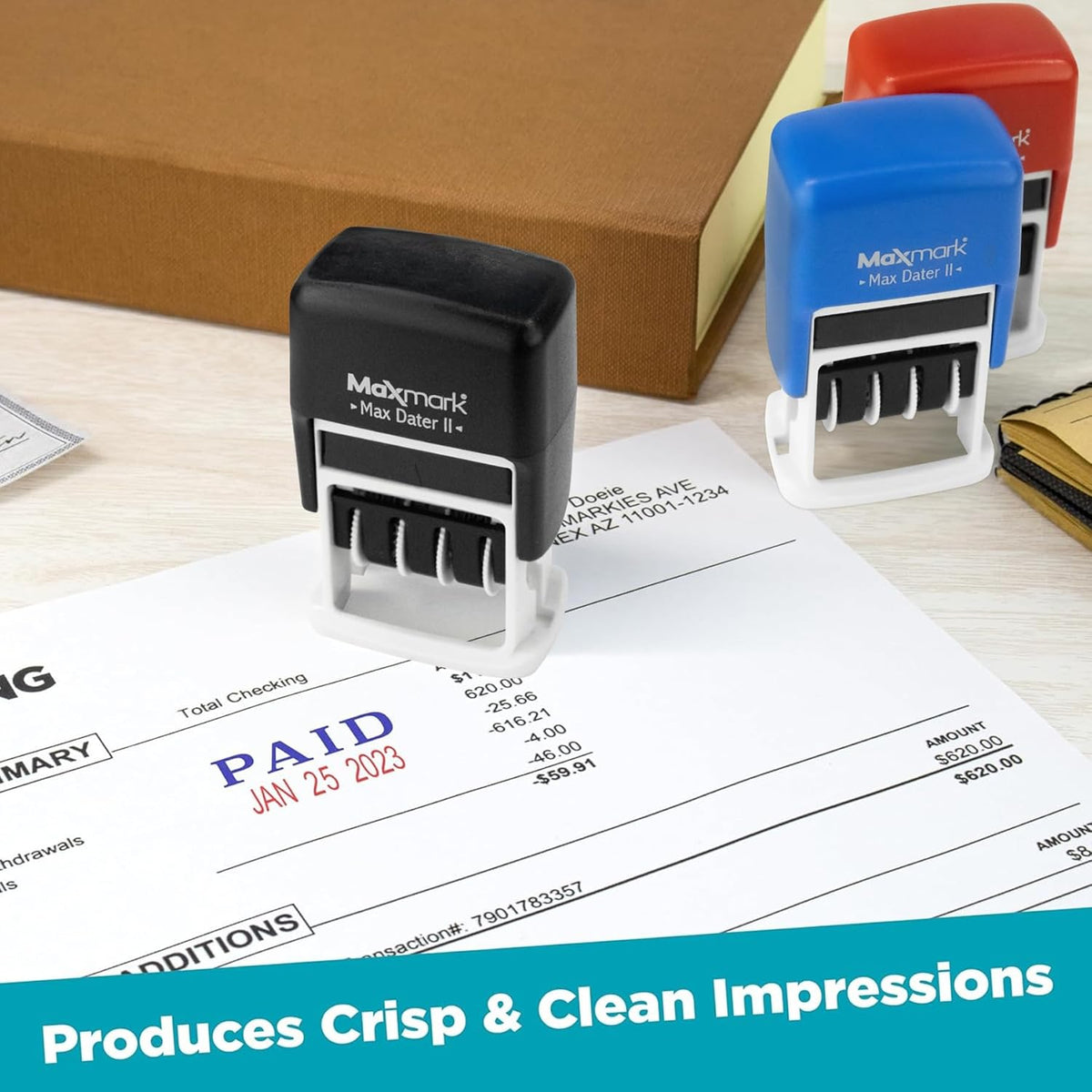MaxMark Self-Inking Rubber Date Office Stamp with Paid Phrase & Date - RED Ink (Max Dater II), 12-Year Band
