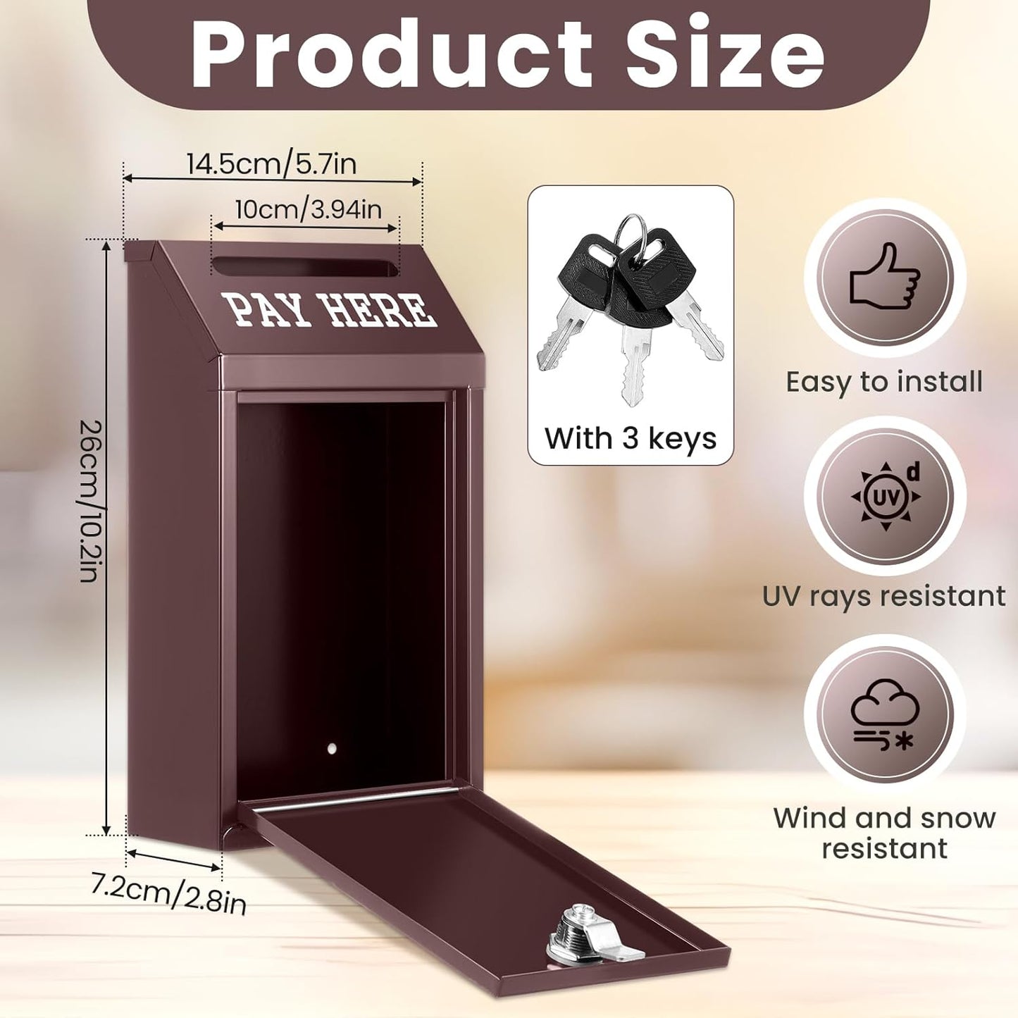 Safe Cash Box Money Collection Metal Donation Box with Lock Wall Mount Pre Drilled Mailbox Delivery Ballot for Home Office Outdoor Self Serve Stand(Brown,10.2 x 5.7 x 2.8 Inch)