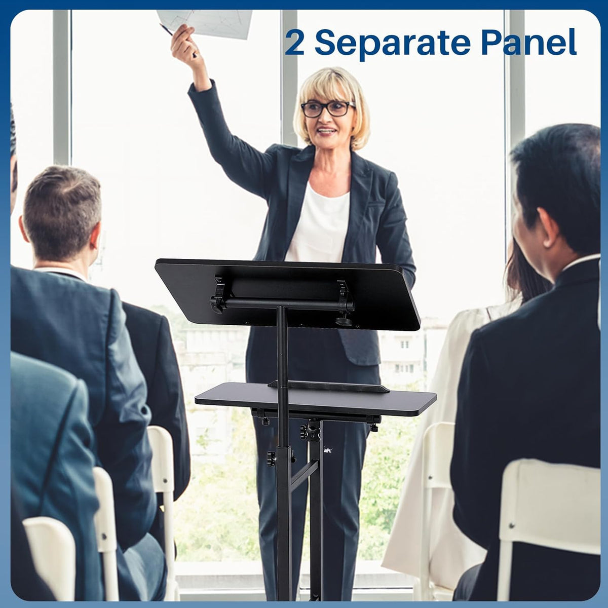 Multi-Purpose Lecterns & Podiums, Portable Mobile Standing Laptop Desk, Height Adjustable Rolling Podium Stand with Storage 2 Swivel Top,Sit Stand Lectern Desk Workstation for Classroom Church (Black)