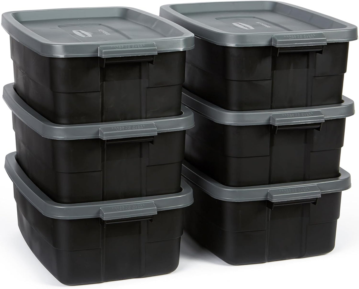 Rubbermaid 3-Pack Garage Storage Bins 18x12 Inch Heavy Duty Storage Bins, Large Capacity - USA Made Stackable Plastic Bins with Lids Black