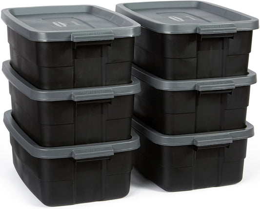 Rubbermaid 3-Pack Garage Storage Bins 18x12 Inch Heavy Duty Storage Bins, Large Capacity - USA Made Stackable Plastic Bins with Lids Black