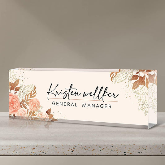 Desk Name Plate Personalized, Premium Pink Golden Hibiscus Flowers Acrylic Desk Name Plate, Personalized Name Plate for Desk, Office Decor for Women or Men Coworkers, Boss, Employee, Teacher