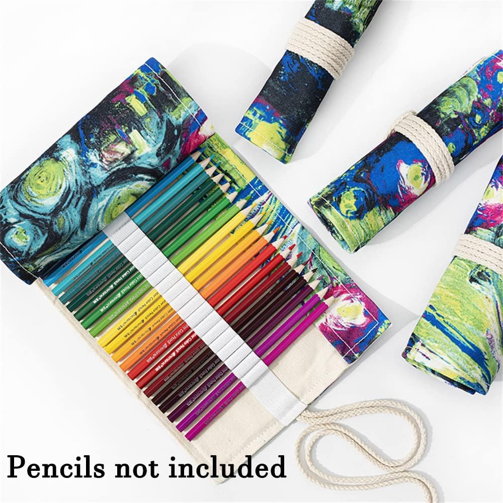 DIYOMR 24/36/72 Slots Pencil Wrap Pencil Rolls, Artist Colored Pencils Roll Up Bag Short Brushes Pouch Case Pencils Organizer for Drawing Coloring and Sketching (Ink Painting, 72slots)