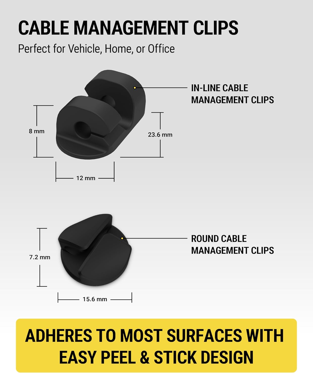 Scosche CMAA2R-6PKRP 6 Pack Adhesive Cable Management Clip Kit in Two Styles, Cord Organizer, Wire Holder for Desk, Nightstand, Phone Charger, Computer, Home, Office, Car, Black