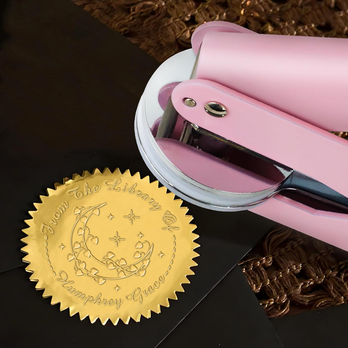 Customized Book Embosser Color Heart Moon Star Stamp with Your Name or Design Personalized Library Embosser Stamp Custom Books Business Cards Paper Documents Notebooks etc.. (Moon-02)