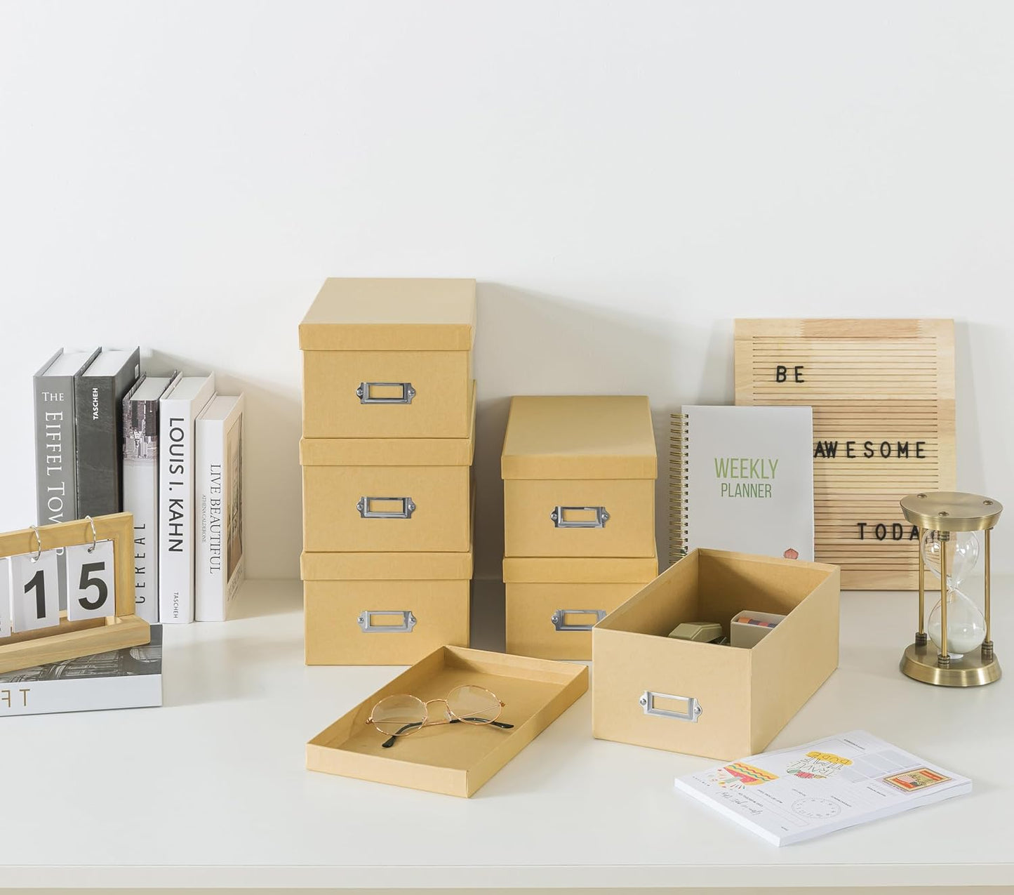 Soul & Lane Kraft Storage Boxes - Set of 6 (3 Large, 3 Medium), Keepsake Memory Storage Boxes with Lids, Cardboard Organizers with Label Holders for Photos, Crafts, Decoupage & Collectibles