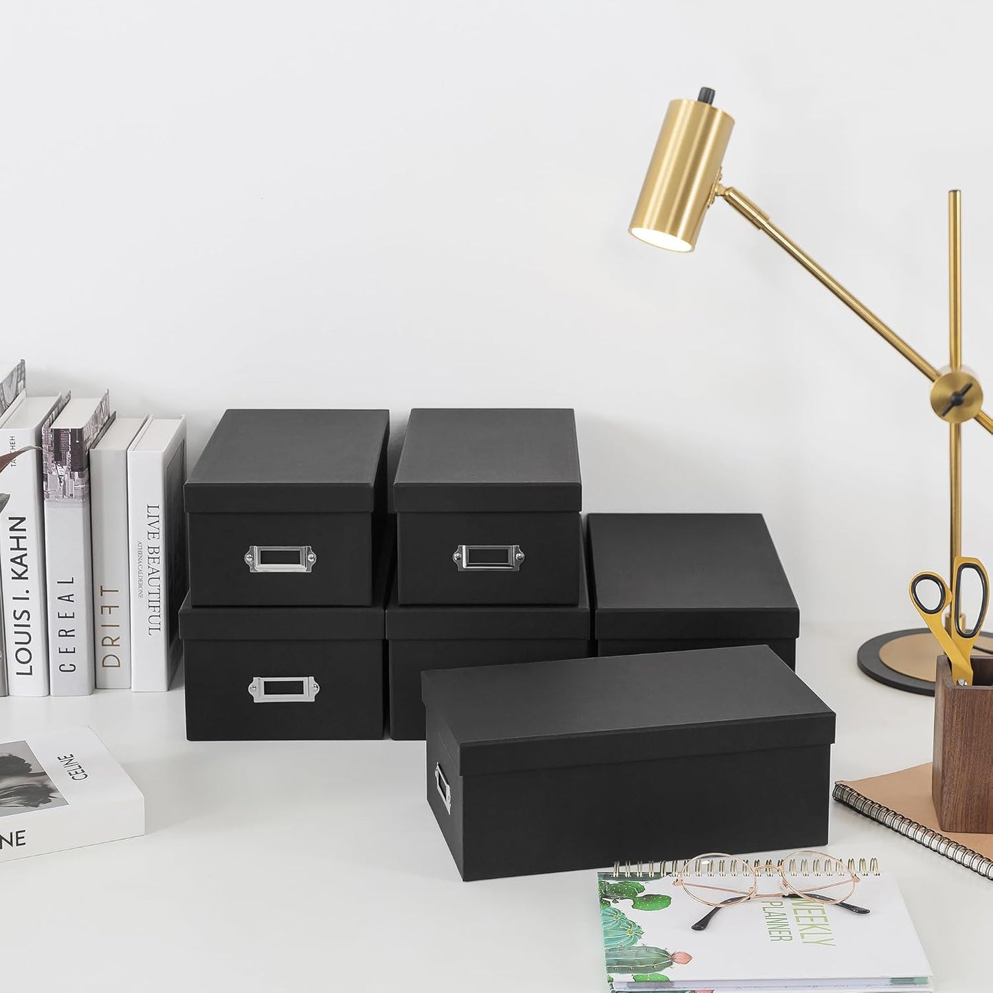 Soul & Lane Black Storage Boxes - Set of 6 (3 Large, 3 Medium), Keepsake Memory Storage Boxes with Lids, Cardboard Organizers with Label Holders for Photos, Crafts, Collectibles