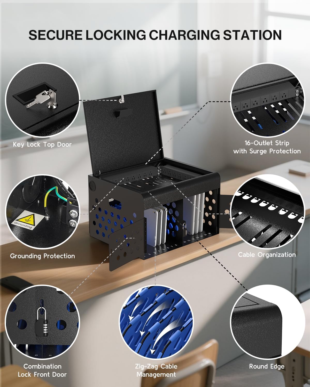 16-Device Locking Tablet Charging Station - Classroom Charging Station for Chromebook Tablet Laptop - Metal Laptop Charging Cart with Cable Management and Charger Organization (Black)