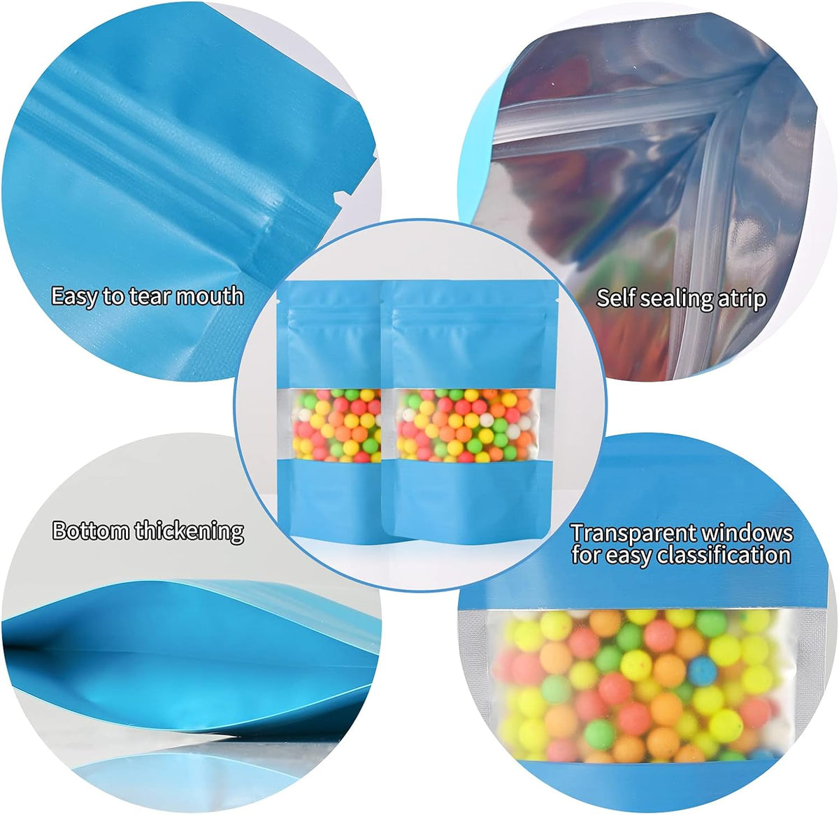 100 Pieces Smell Proof Mylar Resealable Food Storage Bags With Clear Window, Foil Pouch Stand-up for Self Sealing Supplies (Blue, 4.7 x 7.8 Inch)