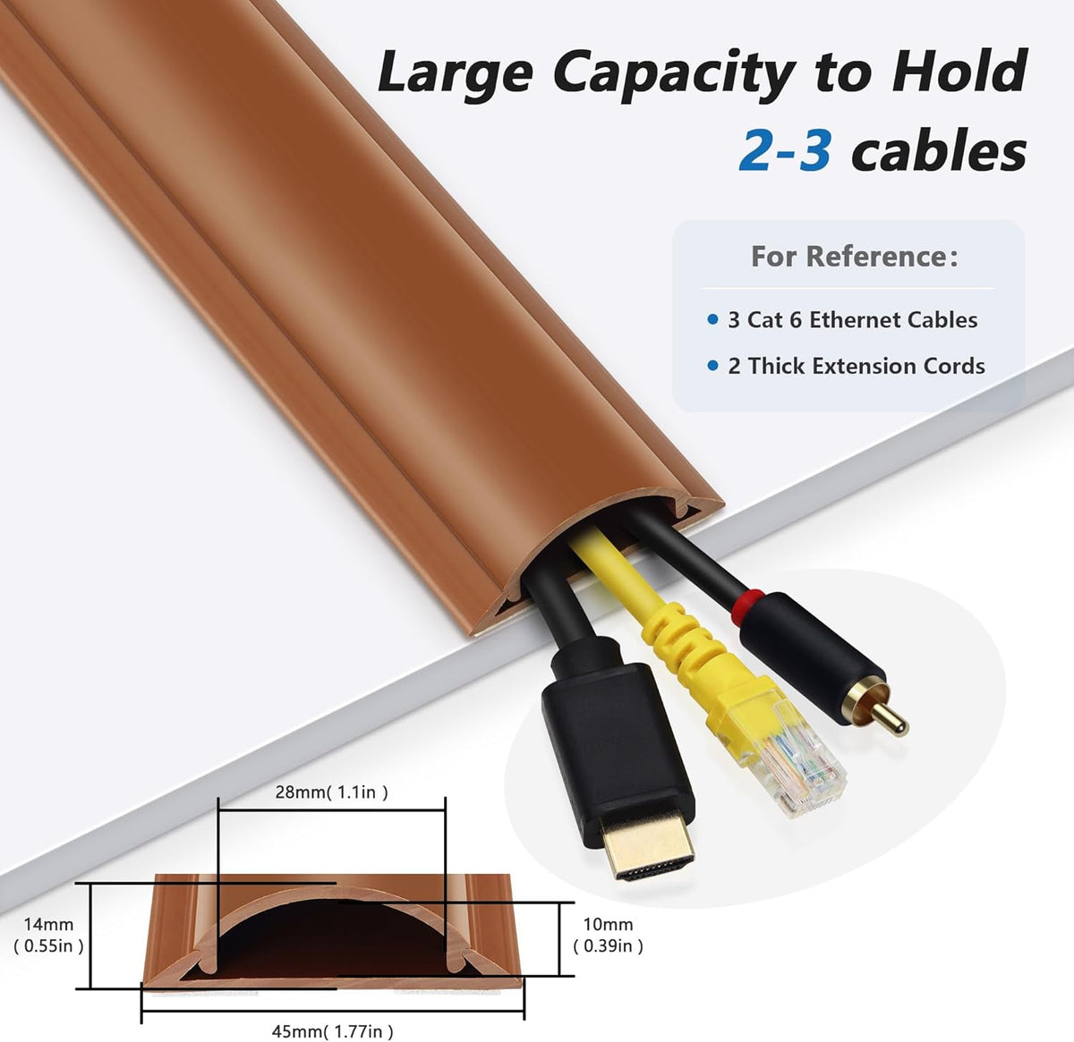 Cord Hider Floor 68in (4 x L17in), Large Capacity Floor Cord Cover, Hard PVC Wire Cover, Cable Management Floor, Brown, Cord Cavity - 1.1"(W) x 0.4"(H)