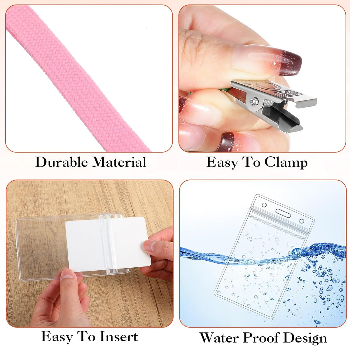 Marspark 200 Pcs Name Tag Lanyards with ID Holder Lanyards for ID Badges Resealable Flat Neck Name Tag with Clip Waterproof Plastic Clear Badges Bulk for School Office Supplies (Pink)