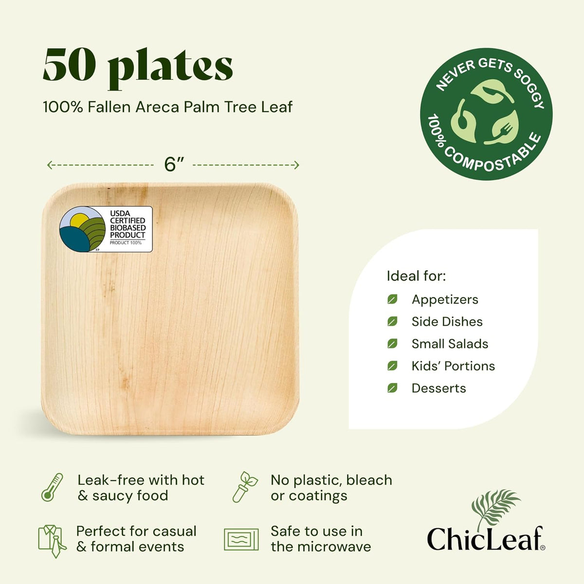 Chic Leaf Palm Leaf Compostable Plates Disposable - 6" Square, 50 Pack - Heavy-Duty Biodegradable, Disposable Party Bamboo Appetizer Plates - Party Serving Supplies