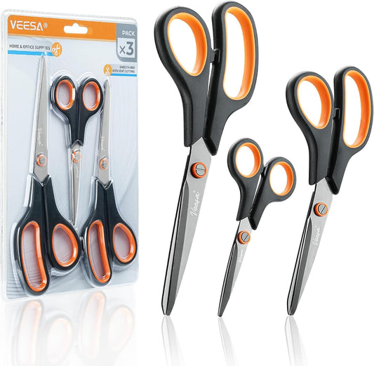 Scissors, 3-Pack Titanium Coated Non-Stick Scissors (8.5’’, 7.5’’, 5.5’’), Comfort Grip, All-Purpose Cutting Tools for Craft, Sewing, Home & School