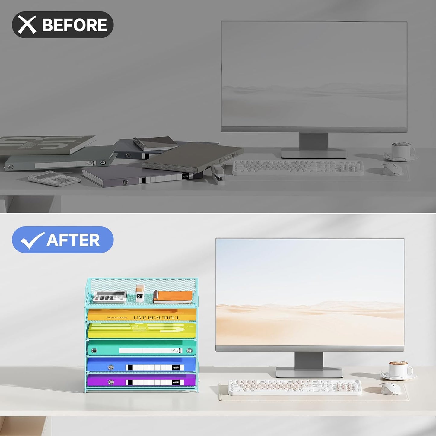 6 Tier Paper Organizer with Handle, Metal Desk Organizer Mesh Paper Letter Tray Desktop File Folder Document Sorter for Classroom, School, Office Accessories Organization and Storage - Blue