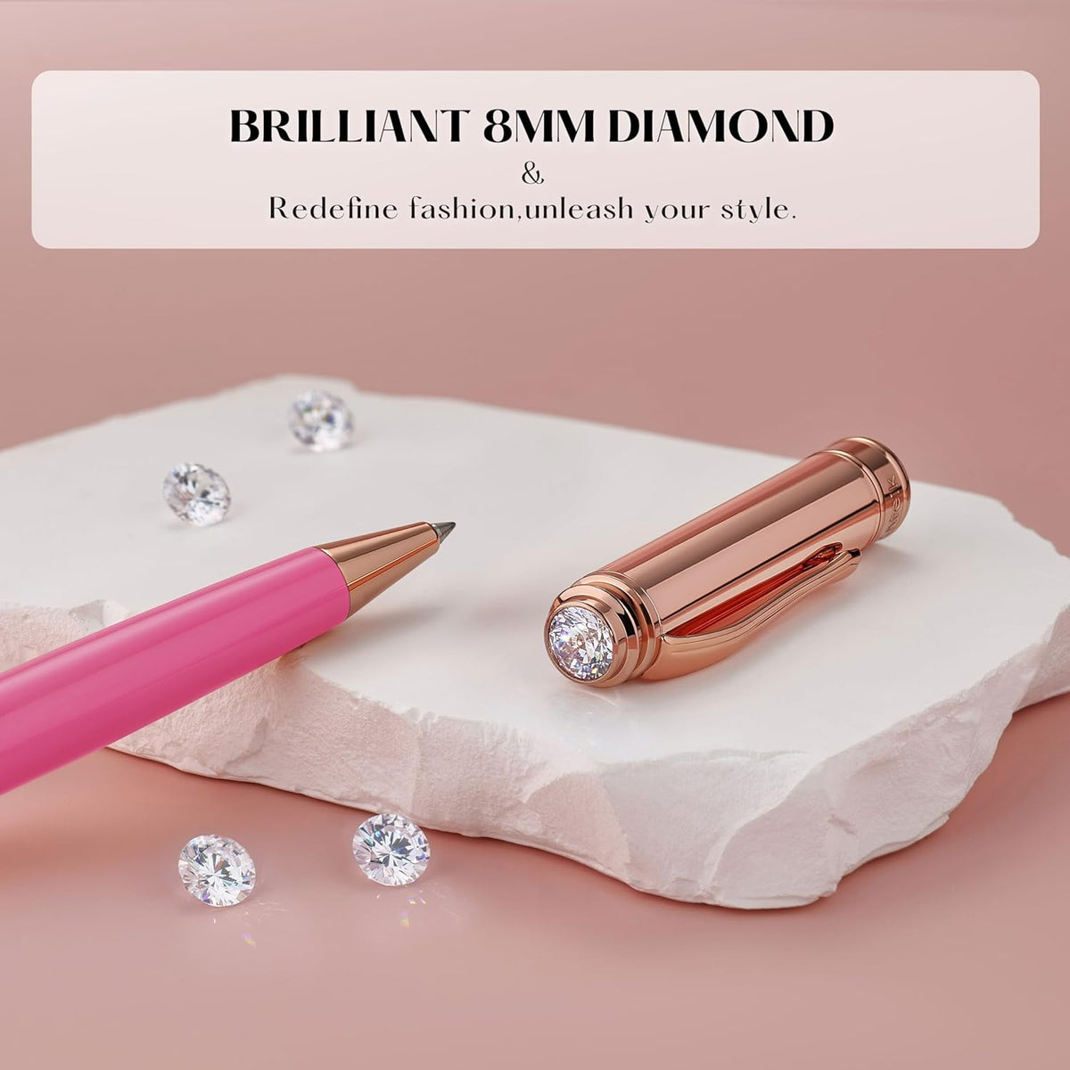 Luxury Gel Pen, Top Set With 8mm Brilliant Diamond,Vibrant Pink Pen Body,Attractive Rose Real Gold Finish, Black Refill,Elegant Gift Pen For Women, Executive, Fancy, Nice Pens