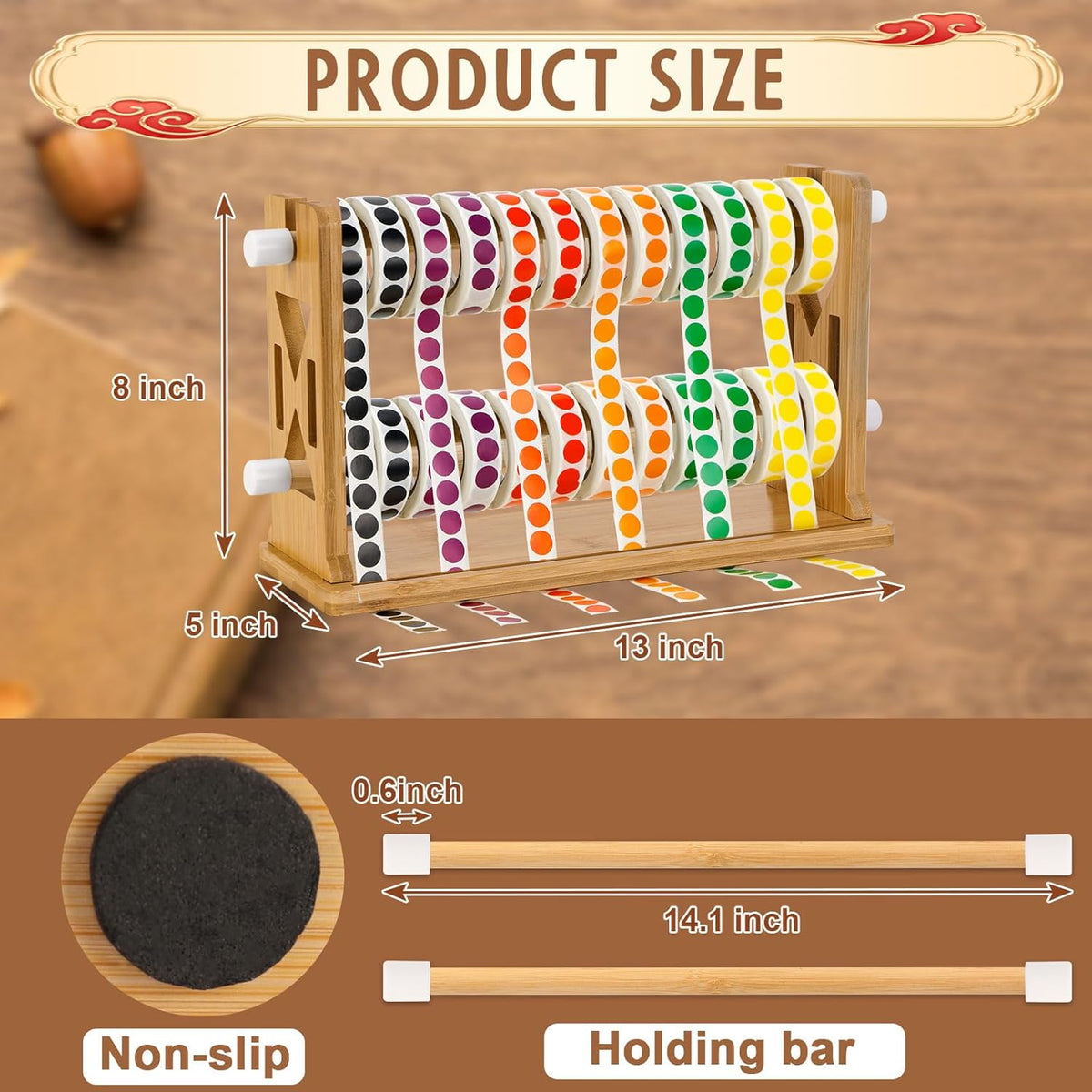 Wooden Label Dispenser Label Roll Holder Dispenser 13x4.5x8 inch Label Sticker Holder Organizer Sticker Roll Dispenser Label Stand for Label Rolls Table Home Office(Not Contain Label Tape)