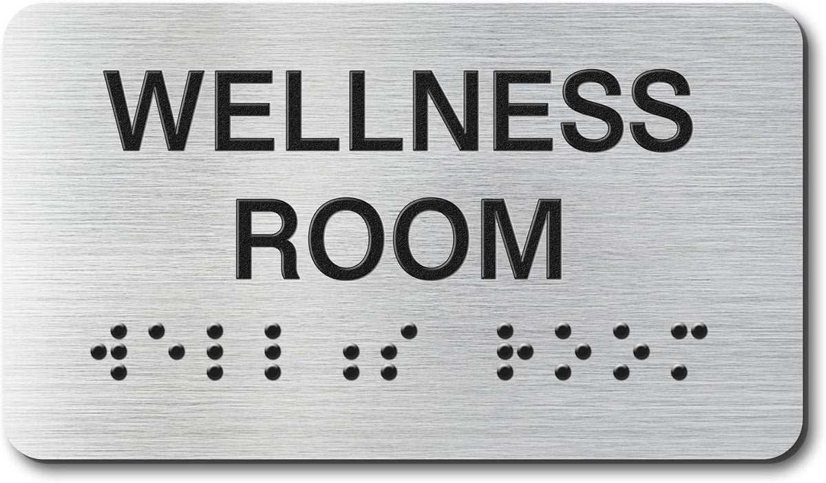 Wellness Room Signs with Raised Text & Grade 2 Braille, Brushed Aluminum/Silver Finish Easy Install with Double-Sided Tape, ADA Compliant Wellness Room Door Sign for Businesses & Offices