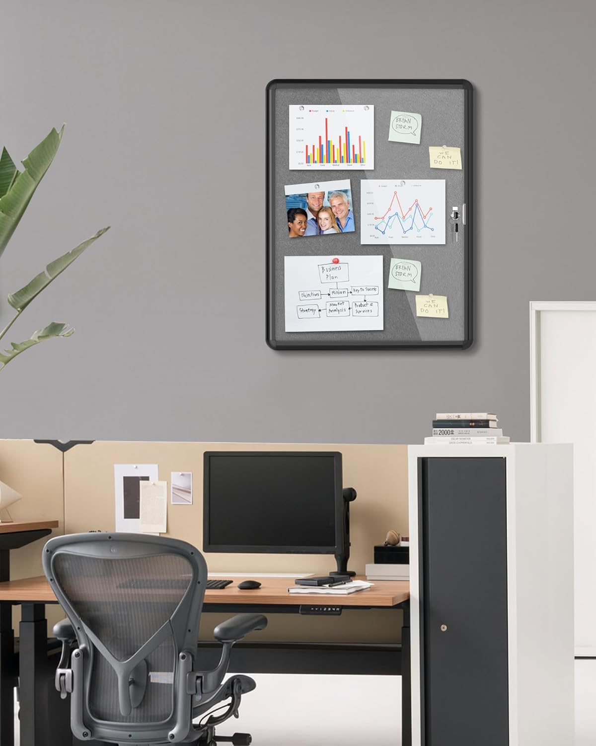 26"x20" Enclosed Bulletin Board, Lockable Weather-Resistant Aluminum Cork Noticeboard for School & Office, Black Frame w/Grey Flet