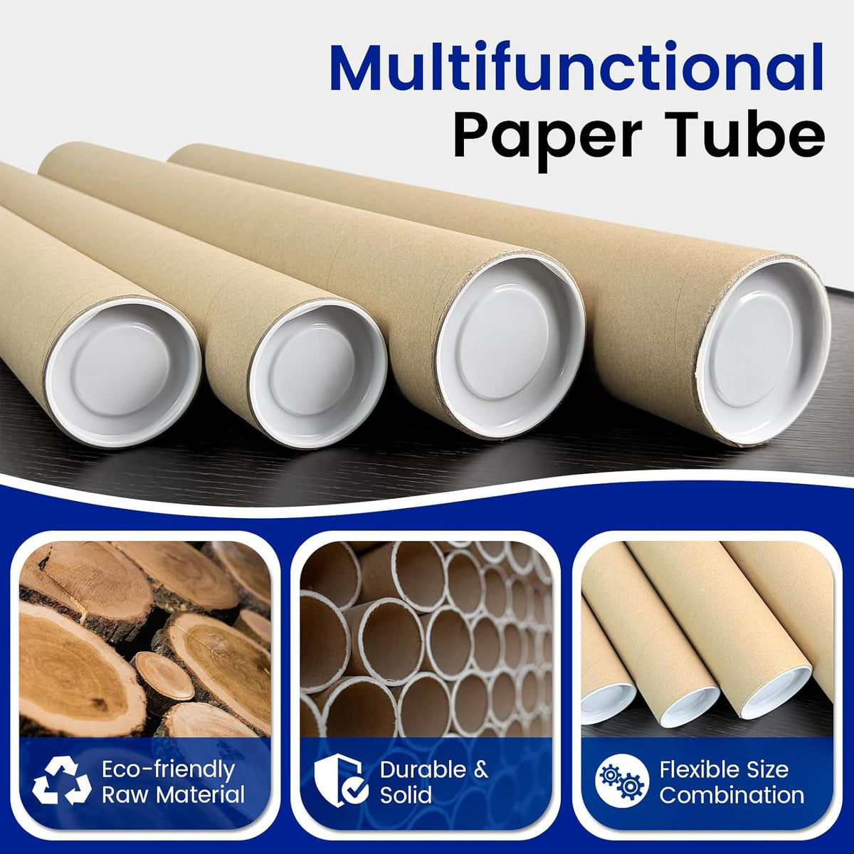 4-Pack Mailing Tubes with Caps, Paper Cardboard Storage Tubes for Shipping, Prints, Documents, Crafts & Golf Clubs (4in*47in, 3in*47in)