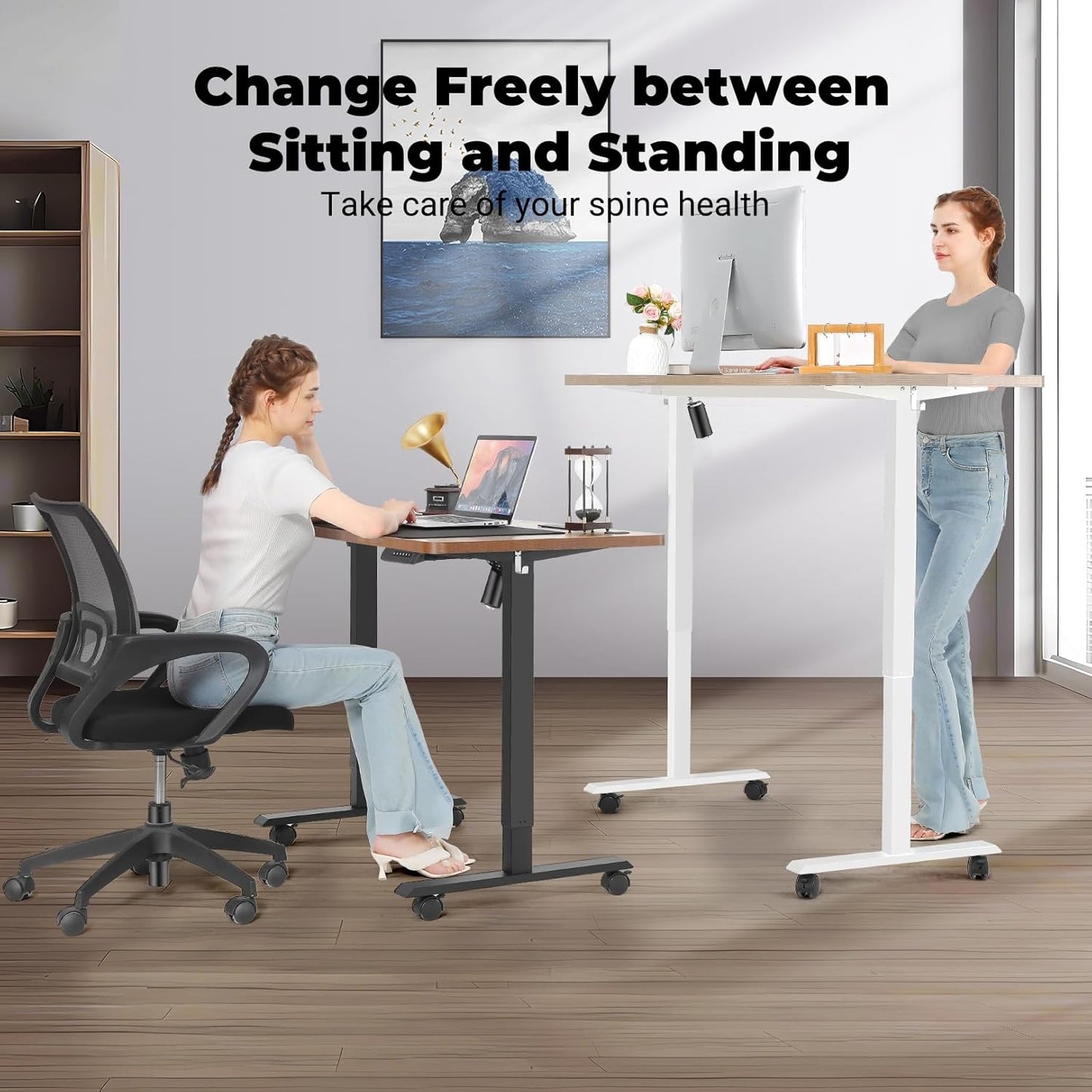 Electric Standing Desk 48 x 24 Inches Adjustable Height Ergonomic Sit Stand Up Curved Desk for Home Office Computer Workstation with 2 USB Ports 3 Power Outlets Memory Preset Wheels, Brown