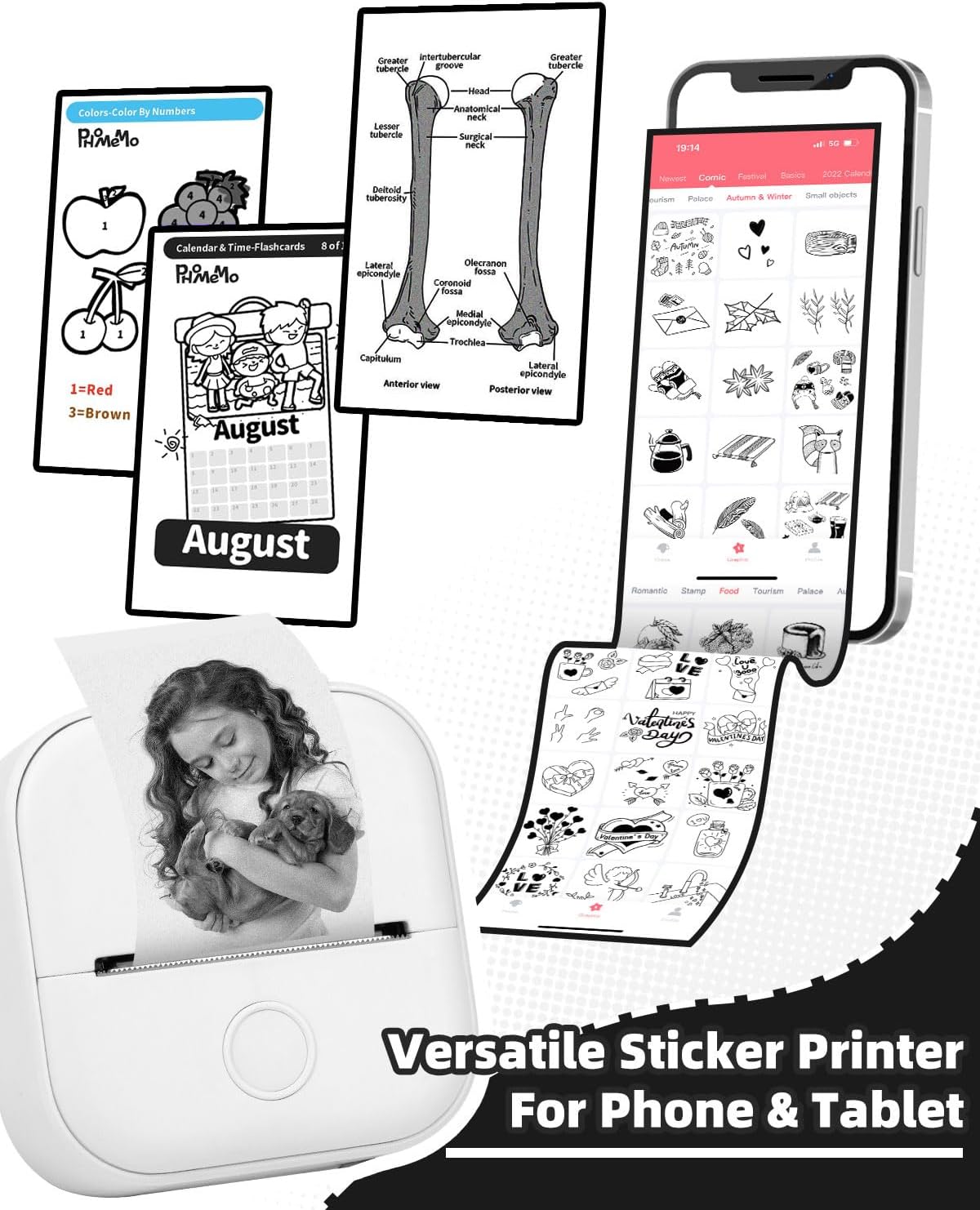 Memoking Sticker Printer - Mini Printer T02 Thermarote Mini Inkless Label Makers Thermal Sticker Maker Machine for Children Students, Compatible with Phone & Tablet, White