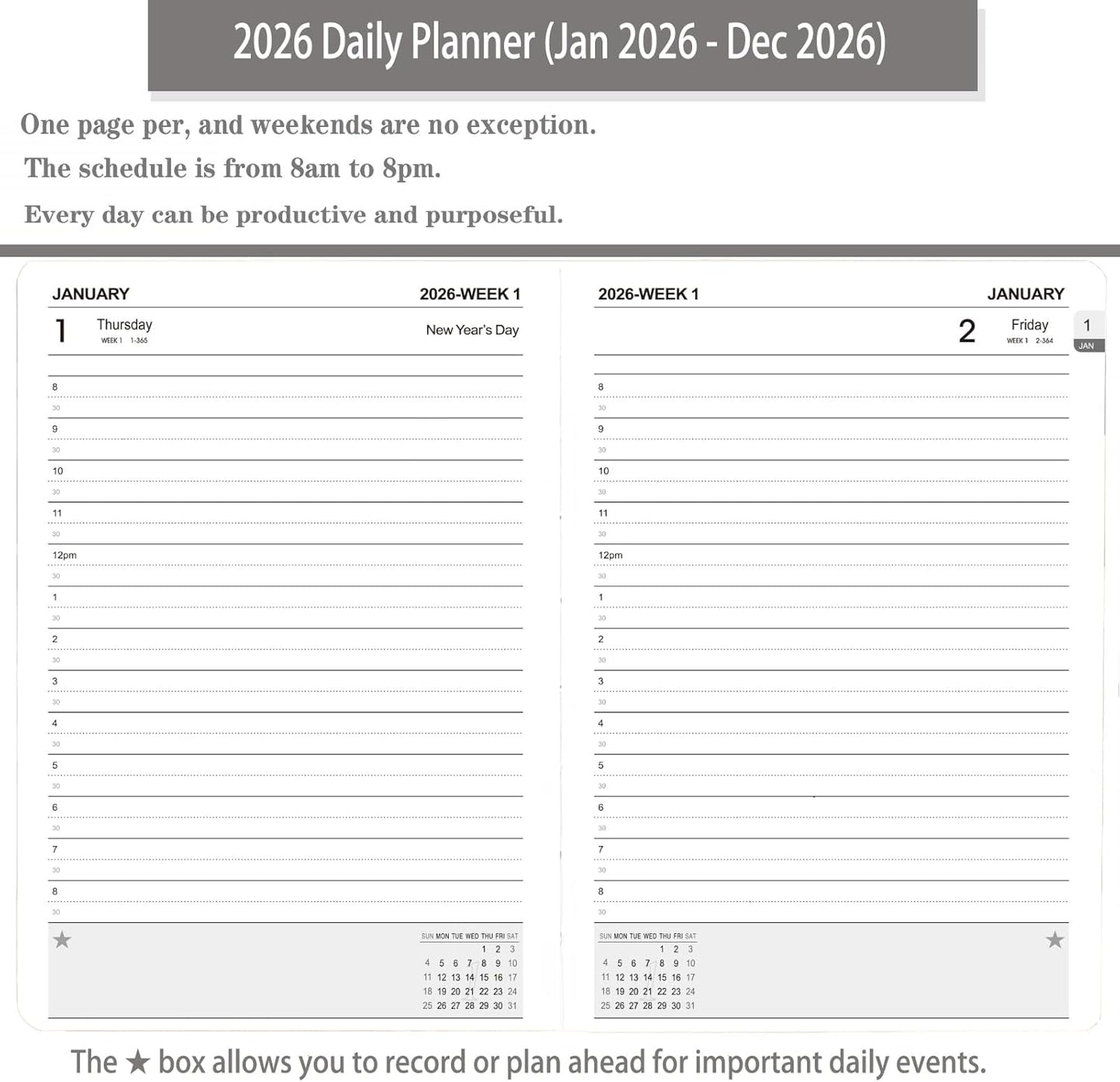2026 Daily Planner/Calendar, One Page Per Day, Daily Monthly Agenda Planner with Time Slots and Monthly Tabs, Jan - Dec 2026, 5.7" x 8.25" Appointment Book, Pen Holder, Leather Cover (2026-Sky blue)