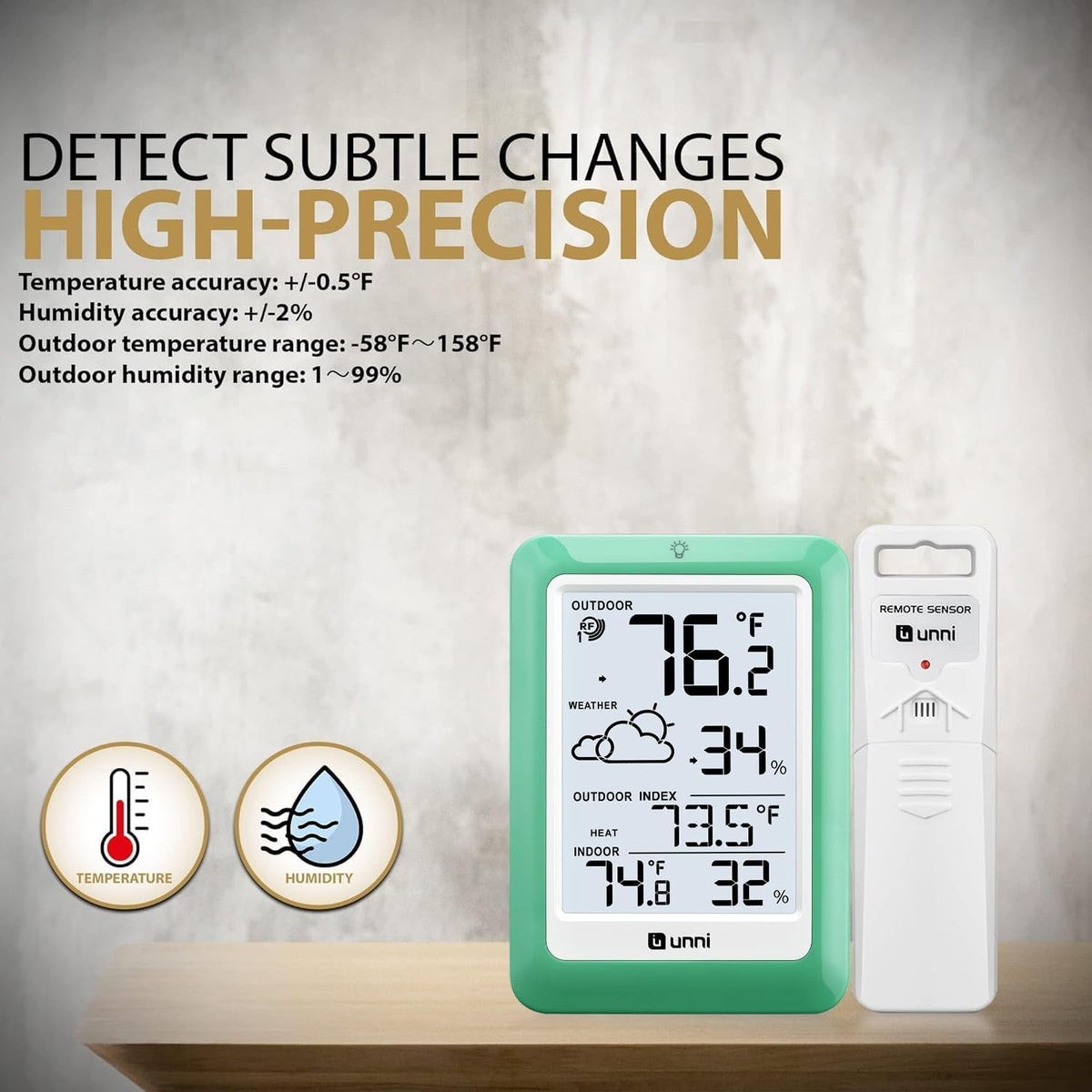 Indoor Outdoor Thermometer Wireless, Temperature Humidity Monitor Battery Powered Inside Outside Thermometers with 330ft Range Remote Sensor(Green)