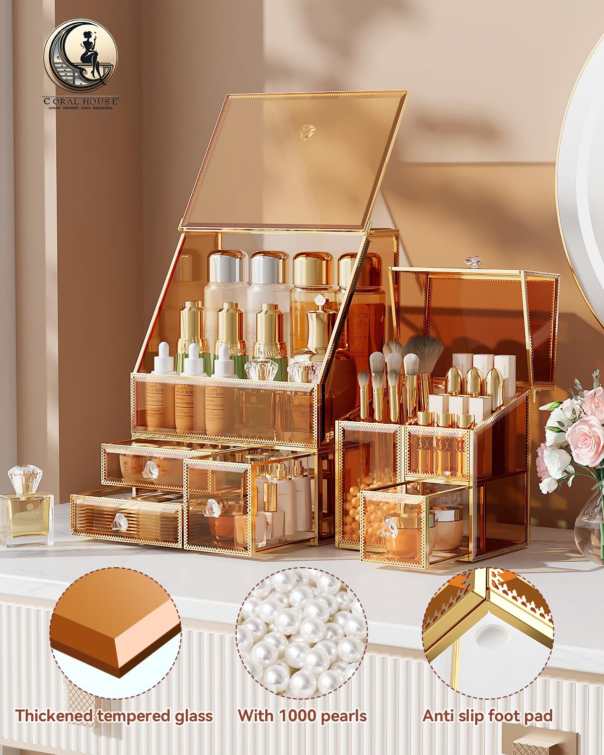 Makeup Organizer Amber,Glass Vanity Organizer for Skincare, Lipsticks, Perfume, Makeup Brushes – Countertop Cosmetic Storage Box for Women, Bathroom & Dresser