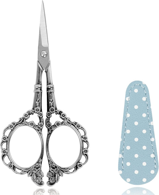 BIHRTC 4.5inch Sewing Embroidery Scissors Craft Scissor with Leather Case Sharp Tip Stainless Steel Scissors Shear for Office Home Sewing Supplies Cross Stitch Needlework DIY Antique Pewter