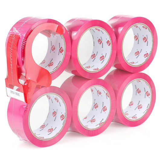 BOMEI PACK Heavy Duty 6 Rolls Colored Moving Tape with Dispenser 1.88 Inch x 60 Yard, Pink Packaging Tape 2.4 mil Packing Tape for Shipping, Moving, Mailing & Storage
