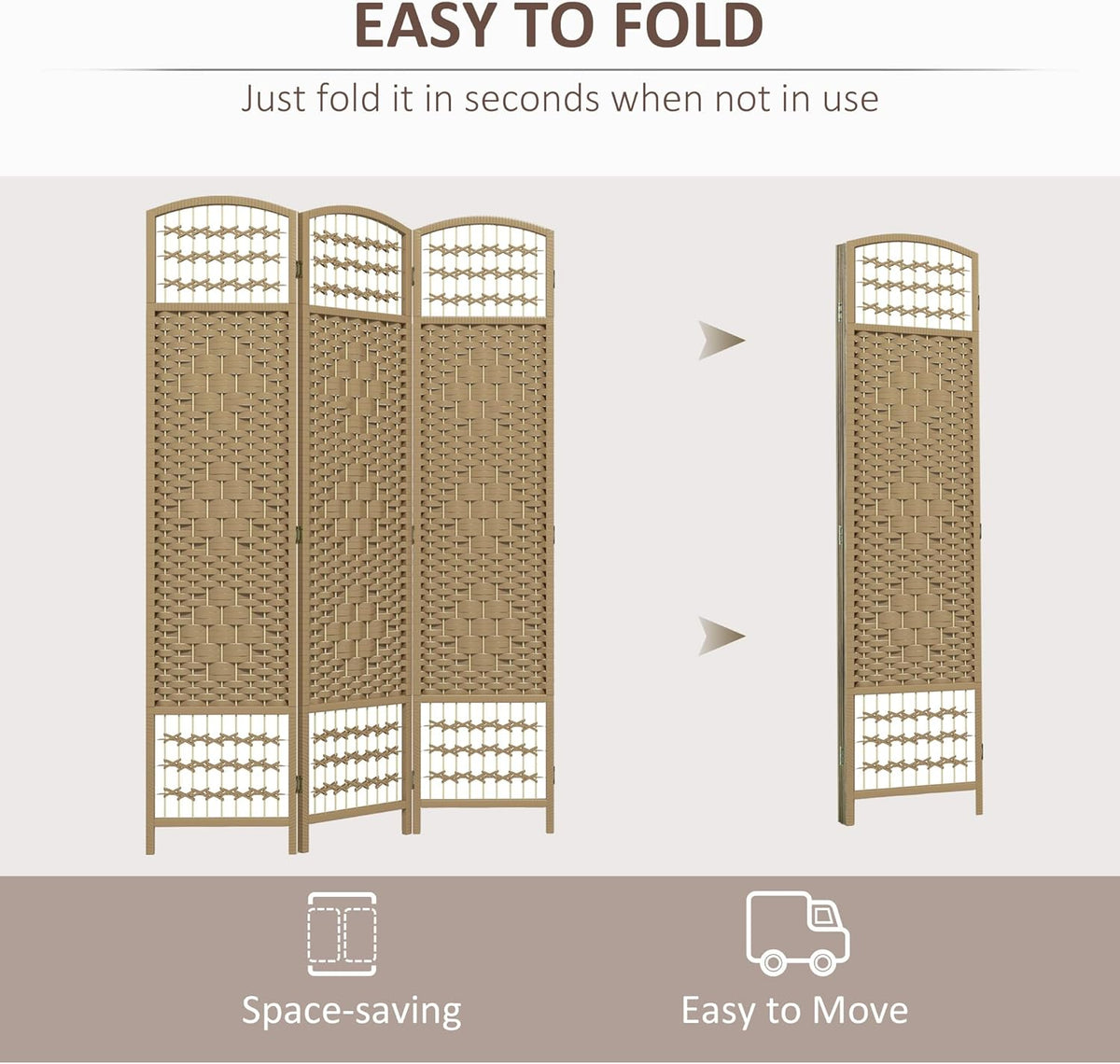 HOMCOM 3 Panel Room Divider, Folding Privacy Screen, 5.6' Room Separator, Wave Fiber Freestanding Partition Wall Divider, Natural