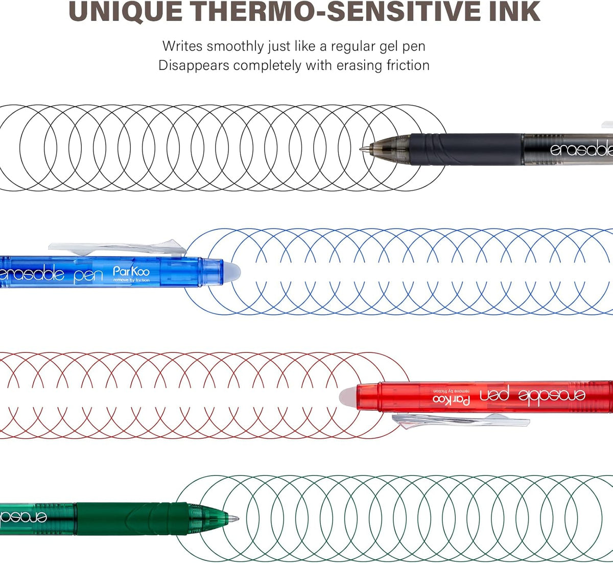 ParKoo Retractable Erasable Gel Pens Clicker Fine Point 0.7 mm, No Need for White Out, Black Ink for Completing Sudoku and Crossword Puzzles, 12-pack