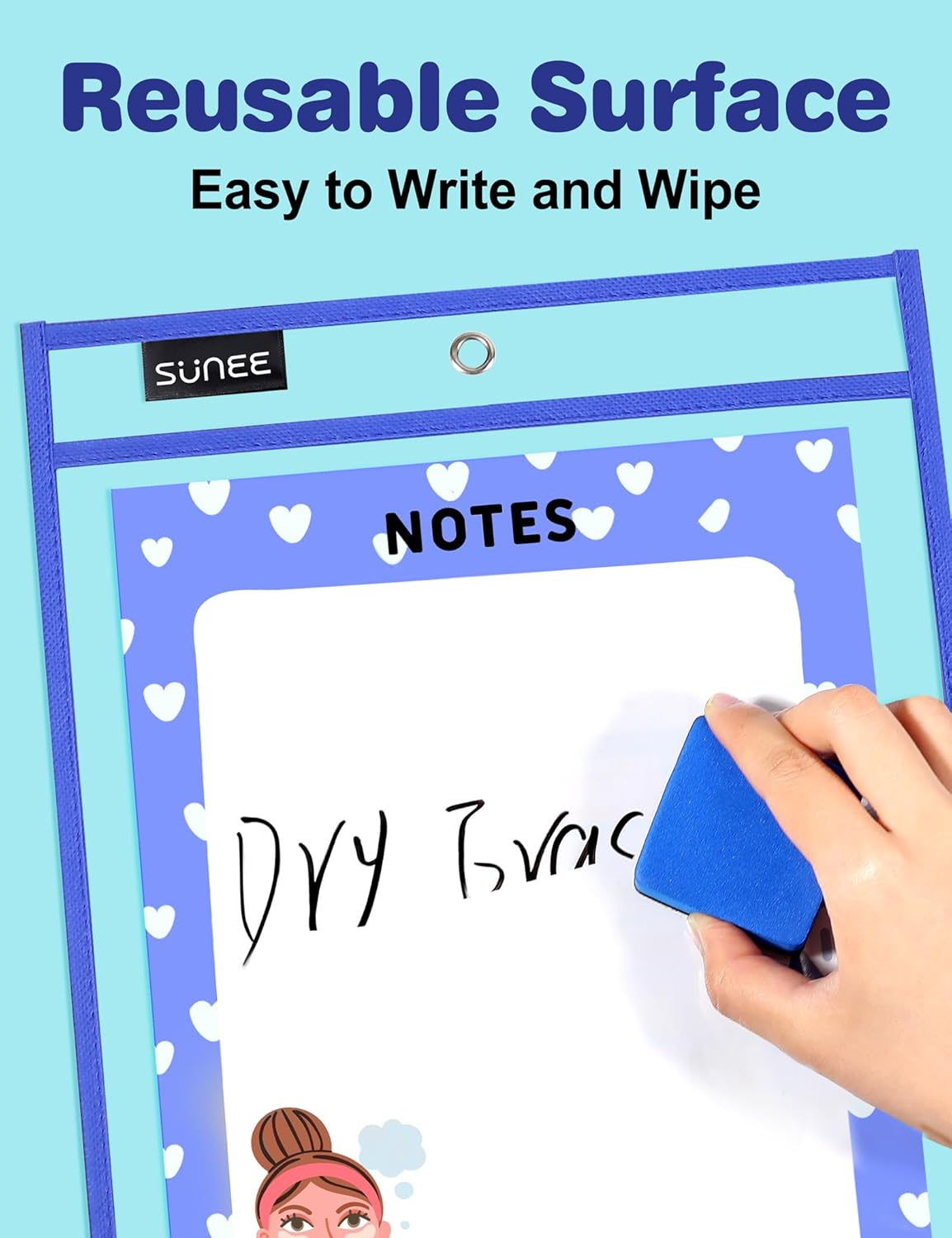 SUNEE 100 Packs Oversized Reusable Dry Erase Pocket Sleeves with 5 Rings, 10 Assorted Colors 10x14 Ticket Holders, Clear Plastic Sheet Protectors, Teacher School Classroom Supplies
