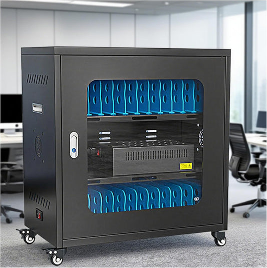 Cell Phone Fully Assembled Charging Storage Cart with Lock, USB Charging Station 30 Device Mobile with Wheels, Glass Cabinet Door Rechargeable Tablet & Laptop Locker Cabinet, for ClassroomOffice
