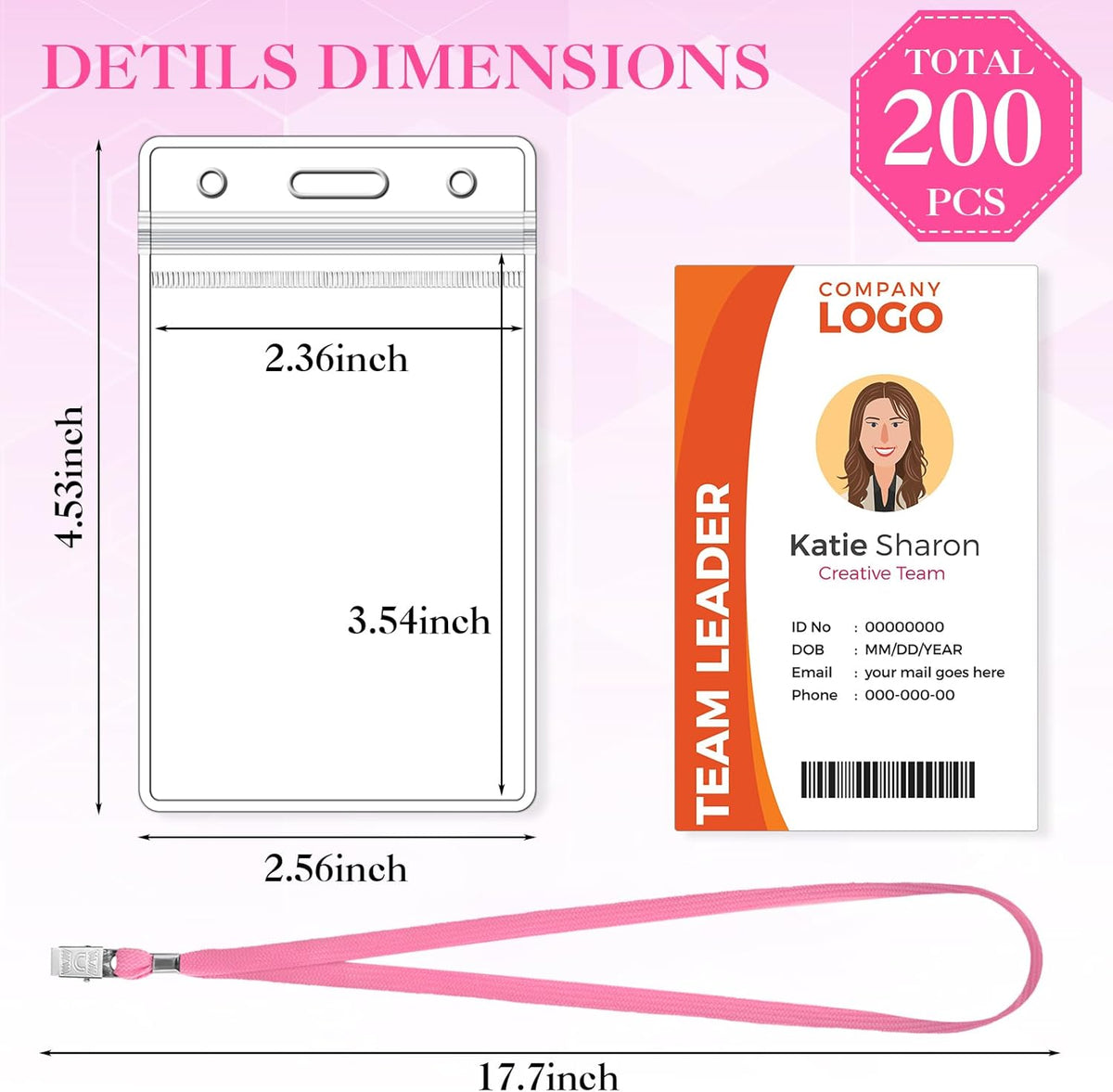 Marspark 200 Pcs Name Tag Lanyards with ID Holder Lanyards for ID Badges Resealable Flat Neck Name Tag with Clip Waterproof Plastic Clear Badges Bulk for School Office Supplies (Pink)