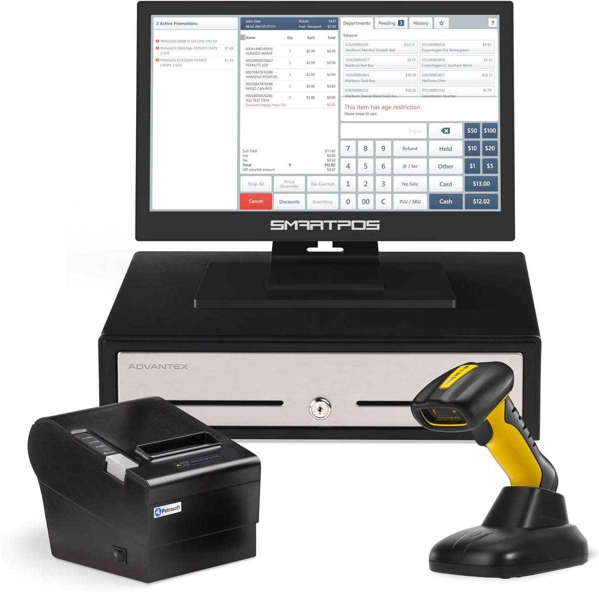 All-in-One SmartPOS NX Professional Cash Register for Small Business – WiFi POS System with Touch Screen, Customer-Facing VFD Display, Cash Drawer, Wireless Barcode Scanner, Thermal Receipt Printer
