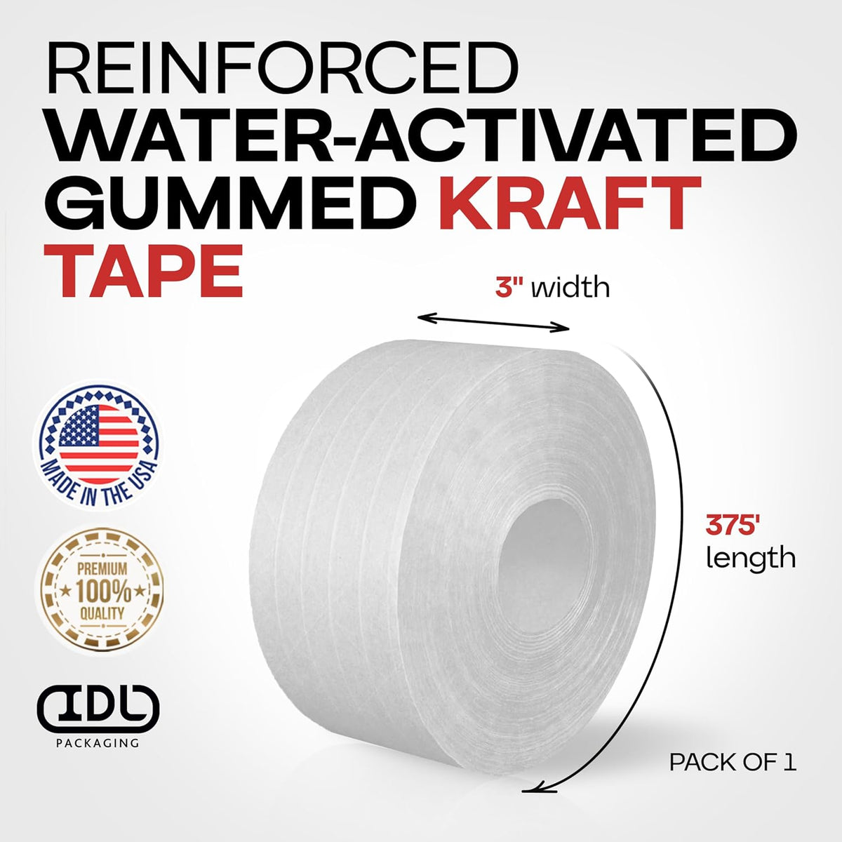 IDL Packaging 3" x 375 feet Reinforced Water-Activated Kraft Gummed Tape 70lb Thickness - Secure Paper Packing Tape for Secure Carton Sealing - Heavy-Duty for All Conditions, White