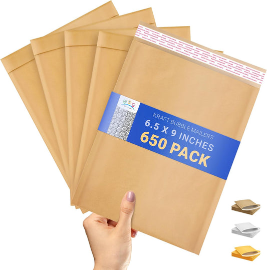 ABC PACK & SUPPLY Brown Kraft Bubble Mailer Envelopes, 6.5 x 9 Inches. 650 Pack Mail Padded Envelopes Self Seal. Kraft Bubble Mailers. Tear-Resistant Mailing Envelope Padded. Sturdy Paper Mailer