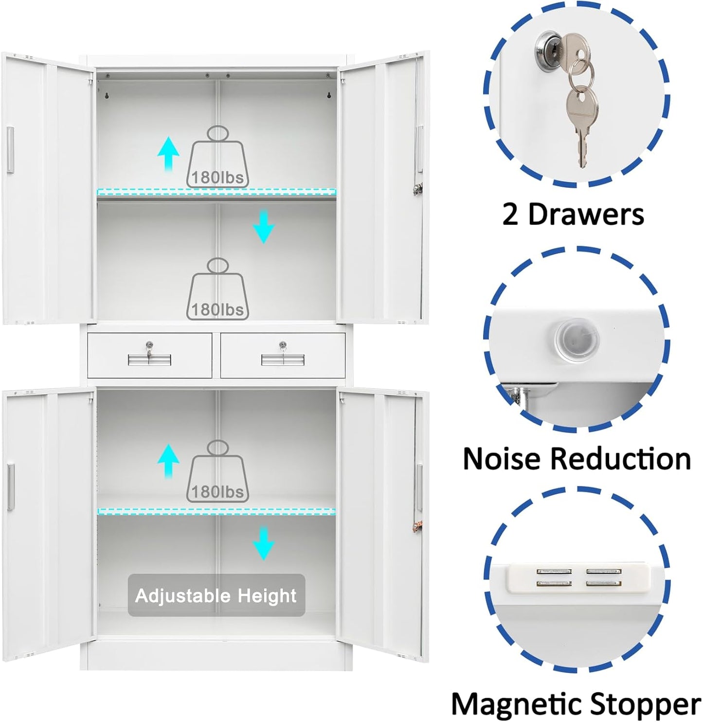 BESFUR Metal Storage Cabinet, Locking Storage Cabinet with Drawers and Adjustable Shelves for Garage, Office, Classroom - White