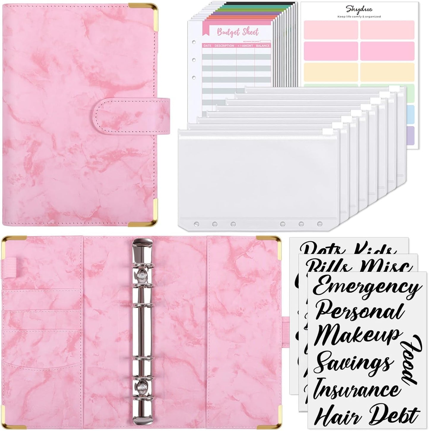 SKYDUE Budget Binder, Money Saving Binder with Zipper Envelopes, Cash Envelopes and Expense Budget Sheets for Budgeting (Mabblepink)